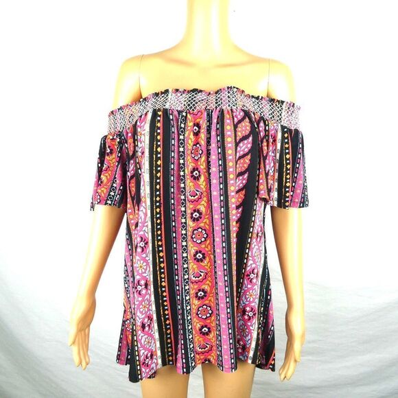Lapogee India Boho Off the Shoulder Blouse Floral Colorful Pink Orange Black Lrg - Picture 1 of 8